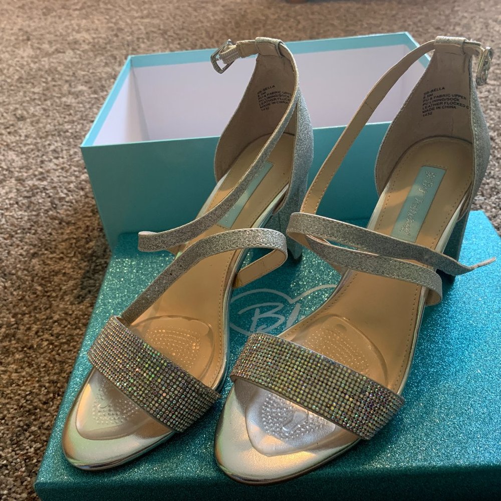 Betsey Johnson Silver Glitter Rhinestone Strap Heels